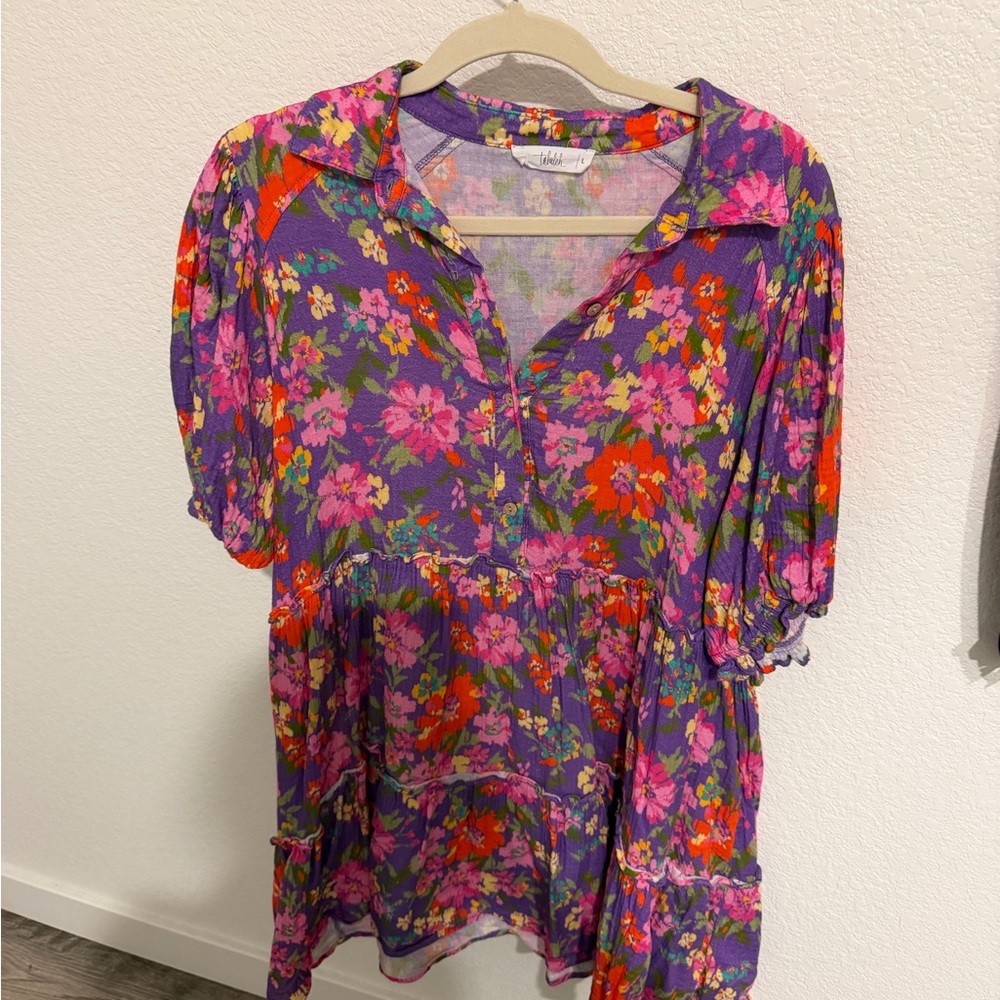 TALULAH Purple Floral Short Peplum Tunic with Pink & Red Blooms